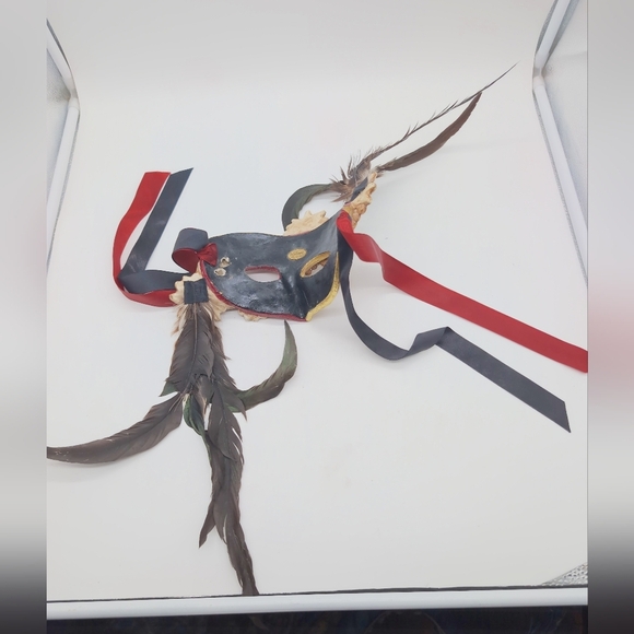 Katherine's Collection Ceramic Gold and Red Feathered Masquerade Mask - Picture 3 of 6